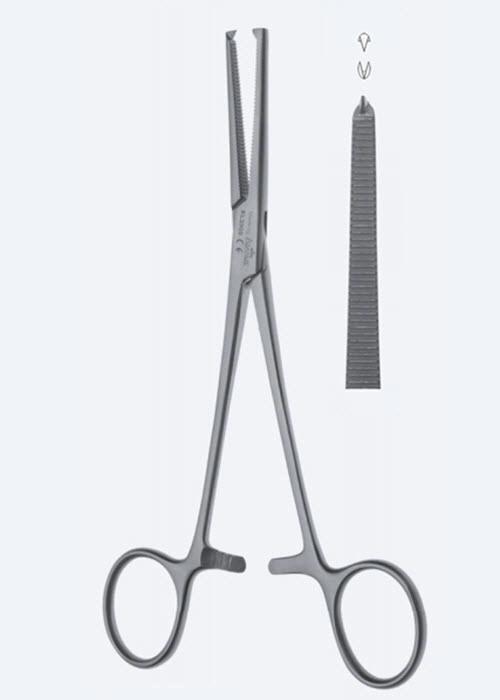 Зажими гемостатичні, "Kocher", прямі, зубчасті щелепи, зубці 2 х 1, з кремальєрою, загальна довжина 150 мм. Бренд - Asanus Medizintechnik Gmb, Німеччина